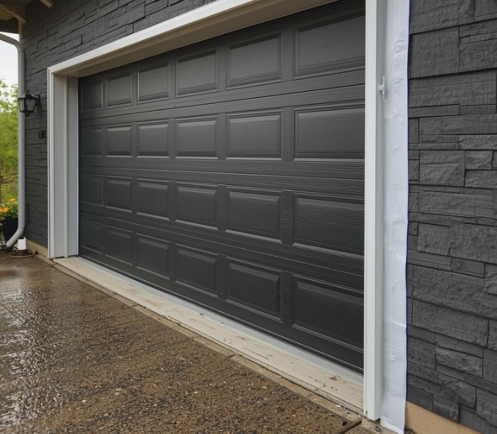 A dark gray residential garage door in Ocean County with fresh white perimeter trim and a clean bottom seal, shown on a wet driveway after rainfall.