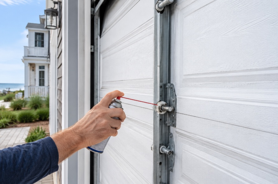 Homeowner lubricating garage door rollers and hinges as part of routine maintenance at a Jersey Shore home
