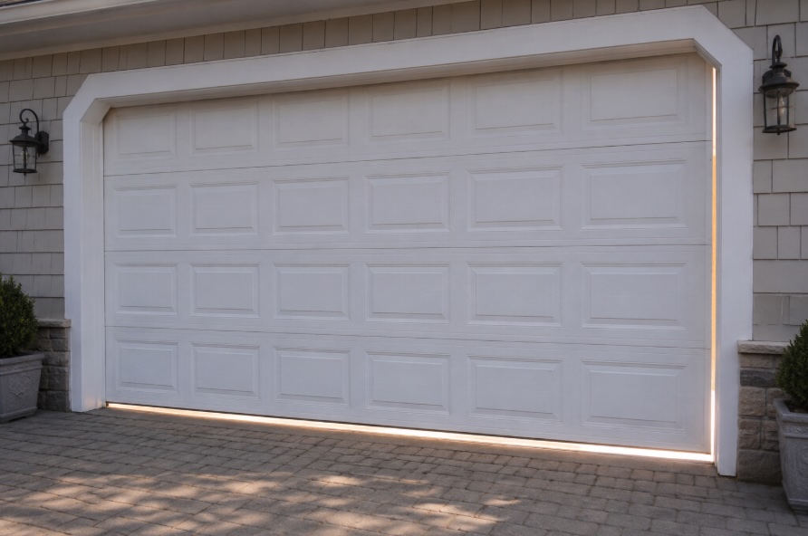 Daylight visible through worn bottom seal and weatherstripping on a residential garage door in New Jersey