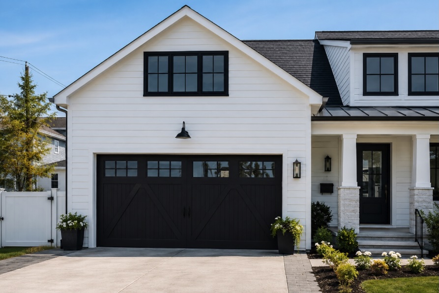Black carriage house garage door on a coastal home in Ocean County NJ