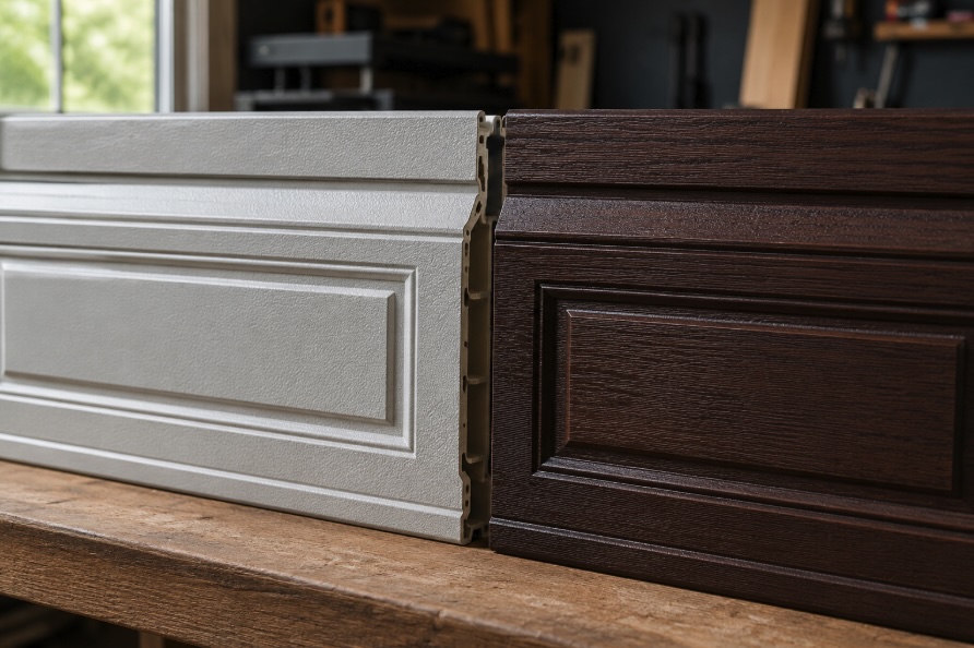 Steel and composite garage door material samples compared for NJ homeowners