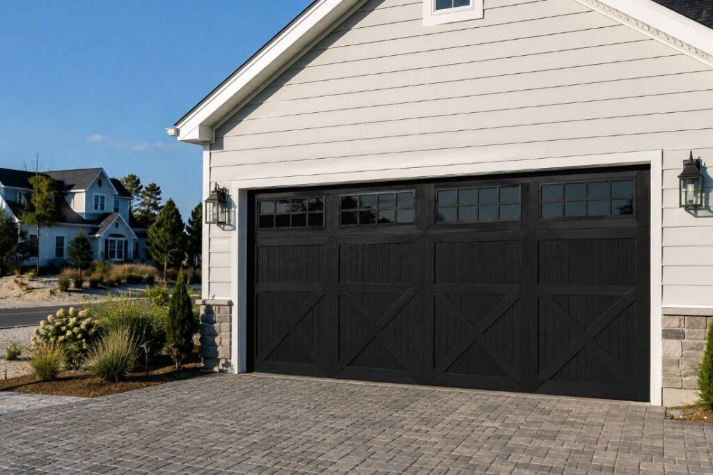 New black carriage-style garage door installed on a home in Brick NJ
