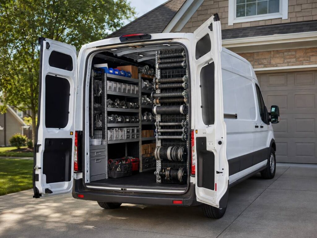 Fully stocked garage door service van parked in a Brick NJ driveway
