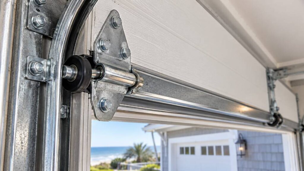 Corrosion-resistant garage door hardware installed on a coastal New Jersey home