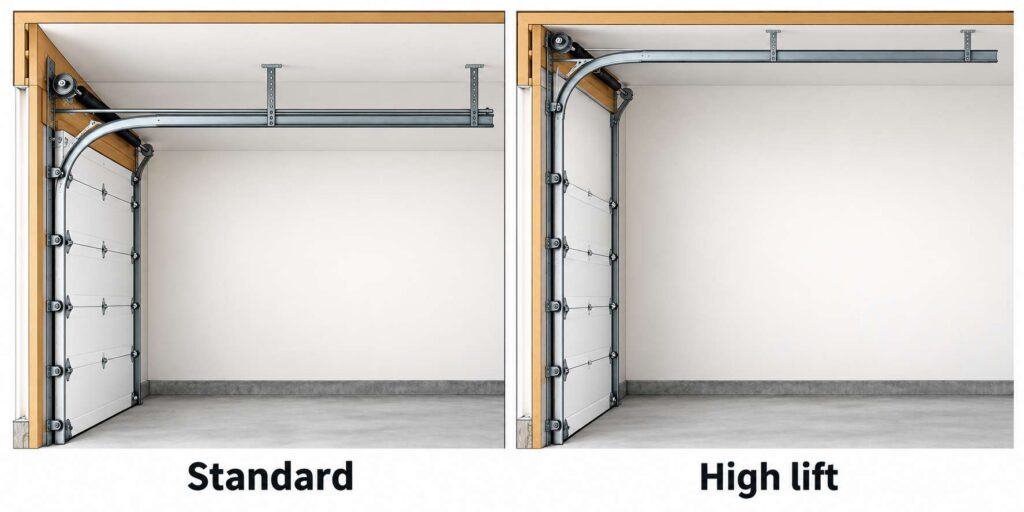 Side view comparing a standard garage door track with a high-lift track